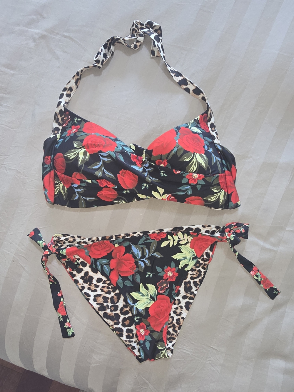Floral & Leopard Print Bikini Set - Black with Red Roses